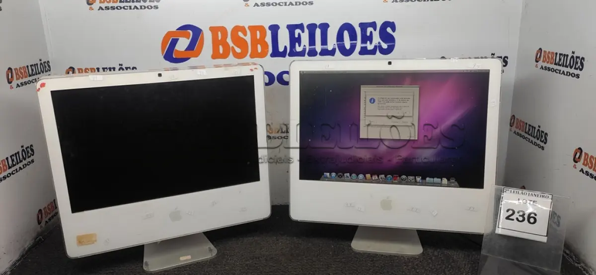 LOTE 236 - 02 IMACS APPLE. (NO ESTADO) ATENÇÃO! FAZER A VISITAÇÃO ANTES DE ARREMATAR, NÃO SABEMOS SE FUNCIONA, LEILÃO NÃO TEM GARANTIA E NEM DEVOLUÇÃO, SUJEITO A POSSÍVEIS AVARIAS VISÍVEIS/OCULTAS E/OU AUSÊNCIA DE COMPONENTES.