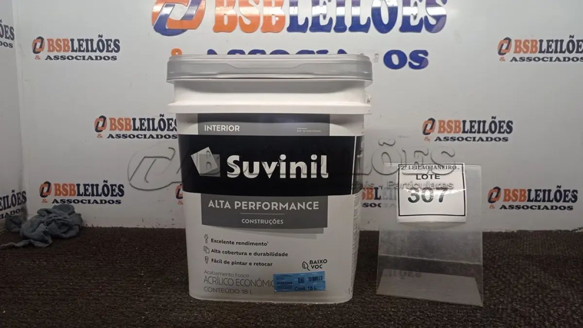LOTE 307 - 01 BALDE DE TINTA ACRÍLICA INTERIOR DE 18L NA COR FOSCO BRANCO MARCA SUVINIL. (NO ESTADO) ATENÇÃO! FAZER A VISITAÇÃO ANTES DE ARREMATAR, NÃO SABEMOS SE FUNCIONA. LEILÃO NÃO TEM GARANTIA E NEM DEVOLUÇÃO, SUJEITO A POSSÍVEIS AVARIAS VISÍVEIS/OCULTAS E/OU AUSÊNCIA DE COMPONENTES.