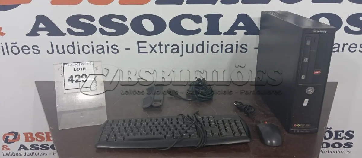 LOTE 429 - 01 CPU INFORWAY 4GB HD 500, 01 MOUSE, 01 TECLADO, 01 BASE DE CPU, 01 CABO DE FORÇA. (NO ESTADO) ATENÇÃO! FAZER A VISITAÇÃO ANTES DE ARREMATAR, NÃO SABEMOS SE FUNCIONA. LEILÃO NÃO TEM GARANTIA E NEM DEVOLUÇÃO, SUJEITO A POSSÍVEIS AVARIAS VISÍVEIS/OCULTAS E/OU AUSÊNCIA DE COMPONENTES.