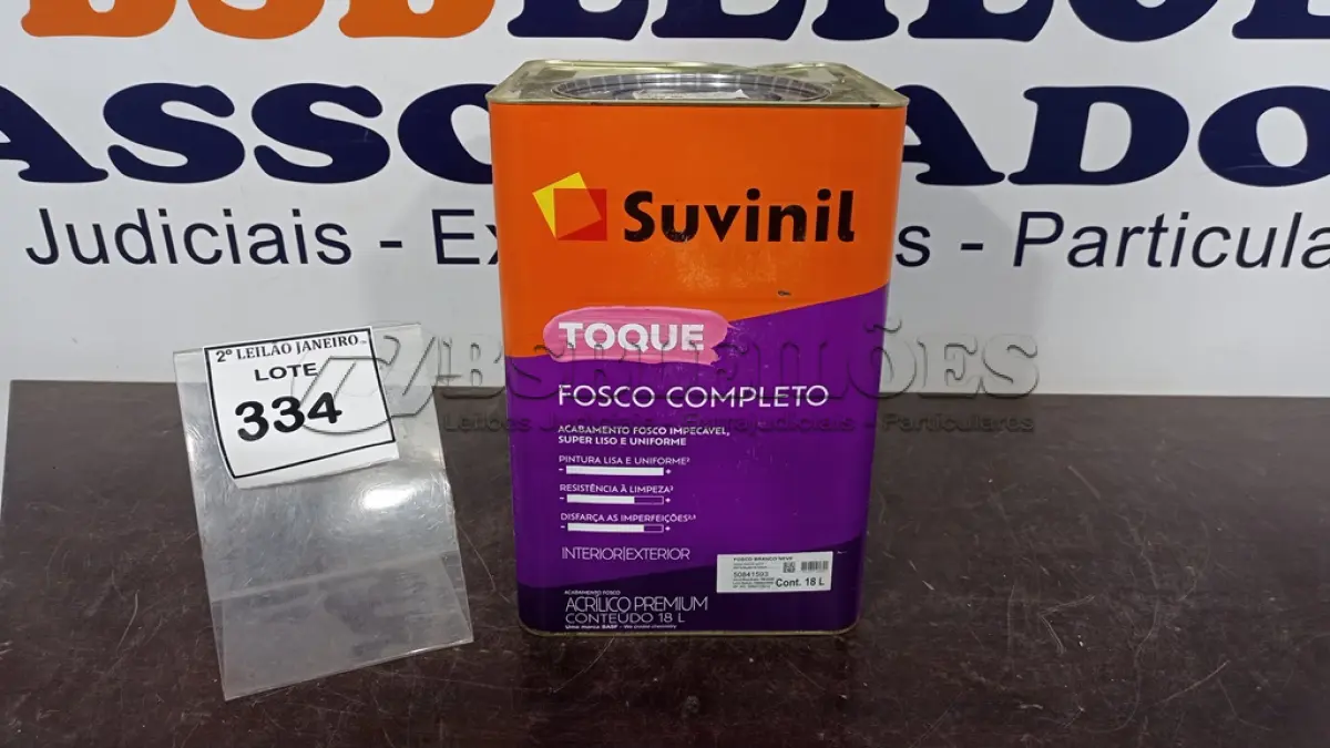 LOTE 334 - 01 BALDE DE TINTA ACRÍLICA DE 18L ACABAMENTO FOSCO BRANCO NEVE MARCA SUVINIL. (NO ESTADO) ATENÇÃO! FAZER A VISITAÇÃO ANTES DE ARREMATAR, NÃO SABEMOS SE FUNCIONA. LEILÃO NÃO TEM GARANTIA E NEM DEVOLUÇÃO, SUJEITO A POSSÍVEIS AVARIAS VISÍVEIS/OCULTAS E/OU AUSÊNCIA DE COMPONENTES.