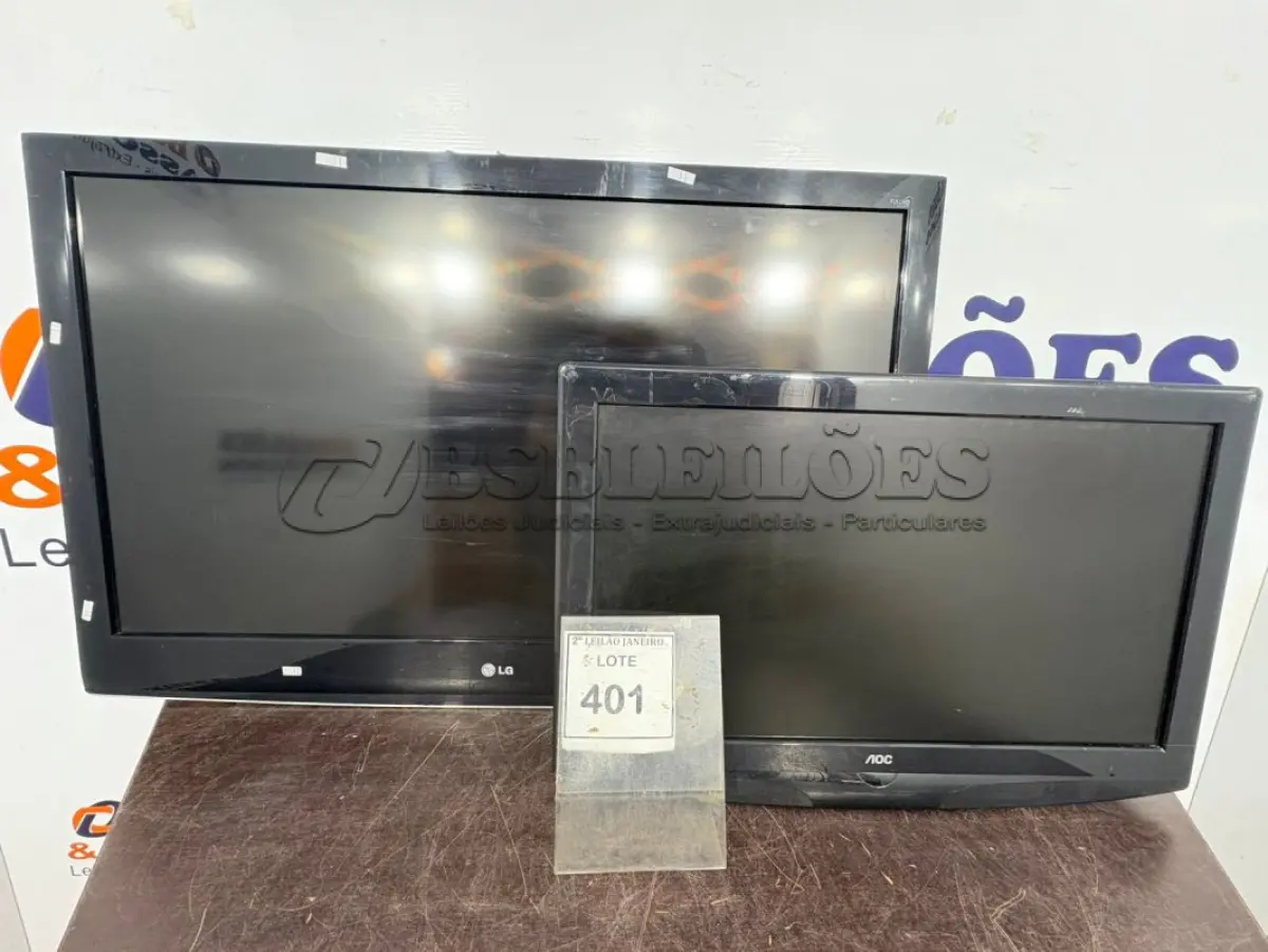 LOTE 401 - 01 TV LCD 46’’ MARCA LG E 01 TV LCD 26’’ MARCA AOC. (NO ESTADO) ATENÇÃO! FAZER A VISITAÇÃO ANTES DE ARREMATAR, NÃO SABEMOS SE FUNCIONA. LEILÃO NÃO TEM GARANTIA E NEM DEVOLUÇÃO, SUJEITO A POSSÍVEIS AVARIAS VISÍVEIS/OCULTAS E/OU AUSÊNCIA DE COMPONENTES.
