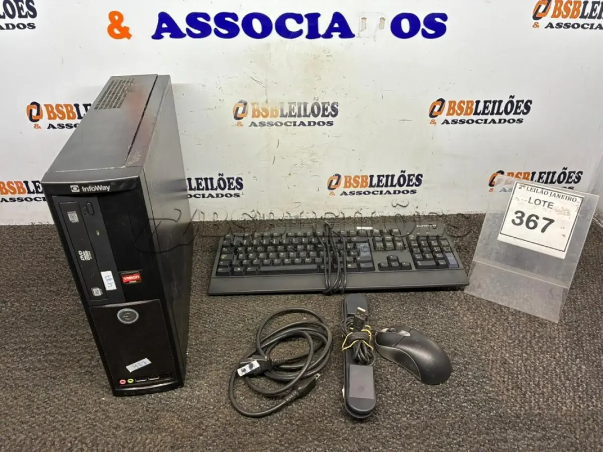 LOTE 367 - 01 CPU INFORWAY 4GB HD 500, 01 MOUSE , 01 TECLADO, 01 BASE DE CPU, 01 CABO DE FORÇA. (NO ESTADO) ATENÇÃO! FAZER A VISITAÇÃO ANTES DE ARREMATAR, NÃO SABEMOS SE FUNCIONA. LEILÃO NÃO TEM GARANTIA E NEM DEVOLUÇÃO, SUJEITO A POSSÍVEIS AVARIAS VISÍVEIS/OCULTAS E/OU AUSÊNCIA DE COMPONENTES.