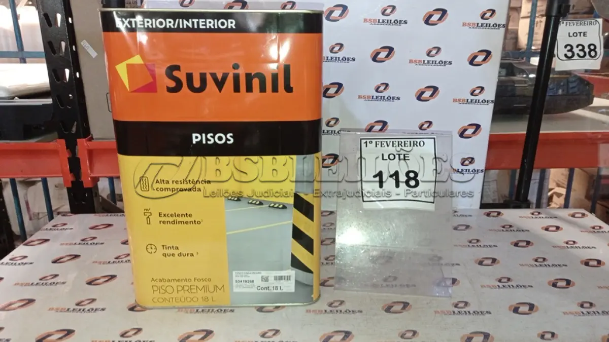 LOTE 118 - 01 LATA DE TINTA PARA PISOS EXTERIOR E INTERIOR COM 18L NA COR FOSCO CINZA ESCURO MARCA SUVINIL. (NO ESTADO) ATENÇÃO! FAZER A VISITAÇÃO ANTES DE ARREMATAR, NÃO SABEMOS SE FUNCIONA, LEILÃO NÃO TEM GARANTIA E NEM DEVOLUÇÃO, SUJEITO A POSSÍVEIS AVARIAS VISÍVEIS/OCULTAS E/OU AUSÊNCIA DE COMPONENTES.