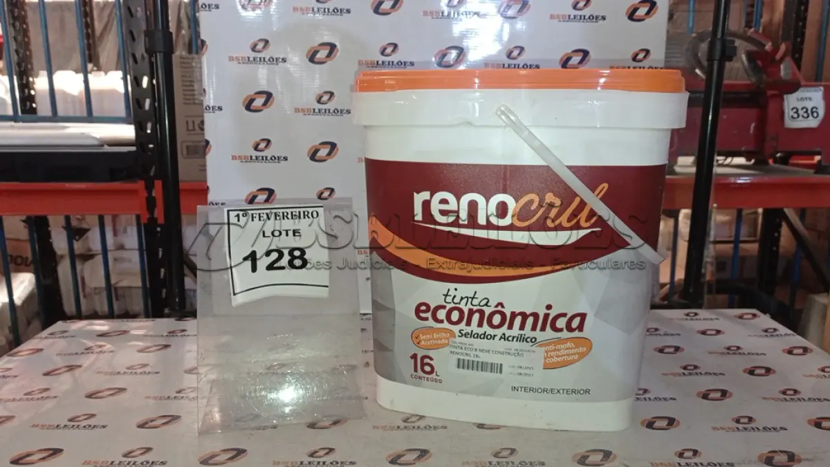LOTE 128 - 01 BALDE DE TINTA ECONÔMICA 16L INTERIOR/EXTERIOR NA COR BRANCO NEVE MARCA RENOCRIL. (NO ESTADO) ATENÇÃO! FAZER A VISITAÇÃO ANTES DE ARREMATAR, NÃO SABEMOS SE FUNCIONA, LEILÃO NÃO TEM GARANTIA E NEM DEVOLUÇÃO, SUJEITO A POSSÍVEIS AVARIAS VISÍVEIS/OCULTAS E/OU AUSÊNCIA DE COMPONENTES.