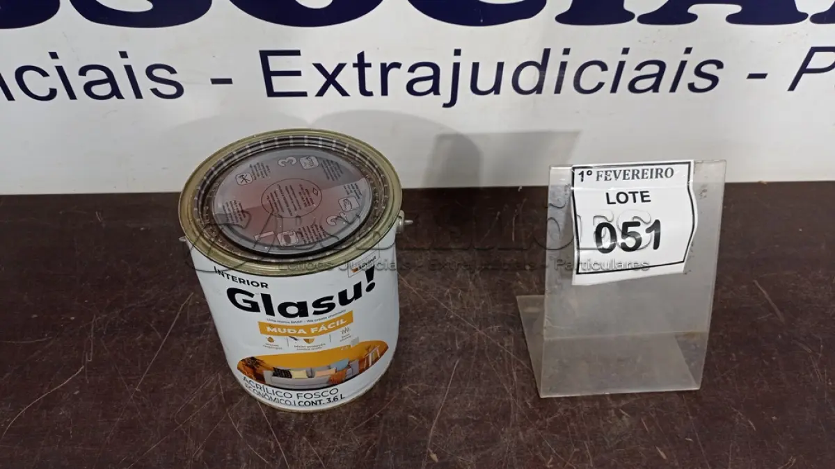 LOTE 051 - 01 LATA DE TINTA ACRÍLICA FOSCO CAMURÇA 3,6L INTERIOR/EXTERIOR MARCA GLASURIT. (NO ESTADO) ATENÇÃO! FAZER A VISITAÇÃO ANTES DE ARREMATAR, NÃO SABEMOS SE FUNCIONA, LEILÃO NÃO TEM GARANTIA E NEM DEVOLUÇÃO, SUJEITO A POSSÍVEIS AVARIAS VISÍVEIS/OCULTAS E/OU AUSÊNCIA DE COMPONENTES.