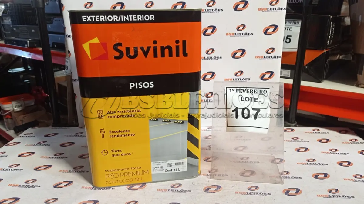 LOTE 107 - 01 LATA DE TINTA PARA PISOS EXTERIOR E INTERIOR COM 18L NA COR FOSCO CINZA ESCURO MARCA SUVINIL. (NO ESTADO) ATENÇÃO! FAZER A VISITAÇÃO ANTES DE ARREMATAR, NÃO SABEMOS SE FUNCIONA, LEILÃO NÃO TEM GARANTIA E NEM DEVOLUÇÃO, SUJEITO A POSSÍVEIS AVARIAS VISÍVEIS/OCULTAS E/OU AUSÊNCIA DE COMPONENTES.