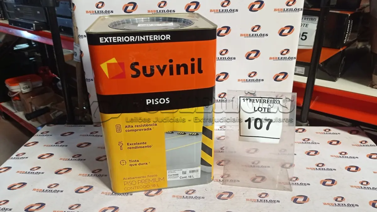 LOTE 107 - 01 LATA DE TINTA PARA PISOS EXTERIOR E INTERIOR COM 18L NA COR FOSCO CINZA ESCURO MARCA SUVINIL. (NO ESTADO) ATENÇÃO! FAZER A VISITAÇÃO ANTES DE ARREMATAR, NÃO SABEMOS SE FUNCIONA, LEILÃO NÃO TEM GARANTIA E NEM DEVOLUÇÃO, SUJEITO A POSSÍVEIS AVARIAS VISÍVEIS/OCULTAS E/OU AUSÊNCIA DE COMPONENTES.