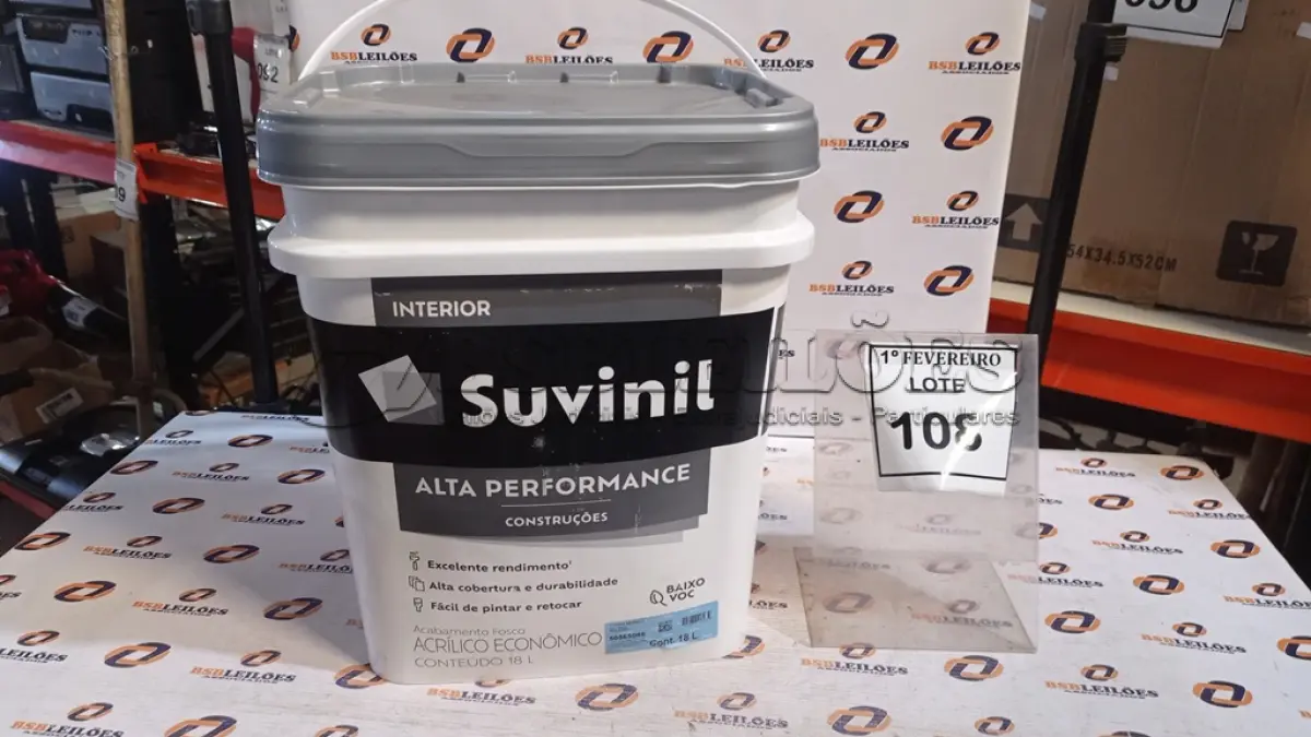 LOTE 108 - 01 BALDE DE TINTA ACRÍLICO ECONÔMICO INTERIOR 18L NA COR FOSCO BRANCO MARCA SUVINIL. (NO ESTADO) ATENÇÃO! FAZER A VISITAÇÃO ANTES DE ARREMATAR, NÃO SABEMOS SE FUNCIONA, LEILÃO NÃO TEM GARANTIA E NEM DEVOLUÇÃO, SUJEITO A POSSÍVEIS AVARIAS VISÍVEIS/OCULTAS E/OU AUSÊNCIA DE COMPONENTES.