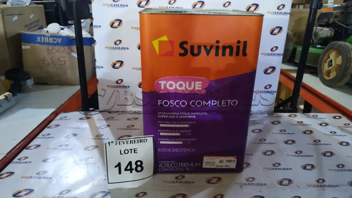 LOTE 148 - 01 LATA DE TINTA ACRÍLICA PREMIUM ACABAMENTO FOSCO 16L NA COR A014 CALOPSITA MARCA SUVINIL. (NO ESTADO) ATENÇÃO! FAZER A VISITAÇÃO ANTES DE ARREMATAR, NÃO SABEMOS SE FUNCIONA, LEILÃO NÃO TEM GARANTIA E NEM DEVOLUÇÃO, SUJEITO A POSSÍVEIS AVARIAS VISÍVEIS/OCULTAS E/OU AUSÊNCIA DE COMPONENTES.