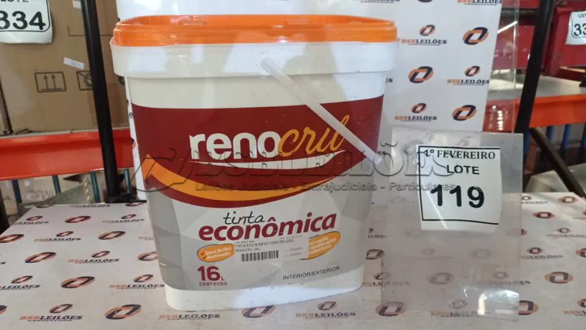 LOTE 119 - 01 BALDE DE TINTA ECONÔMICA 16L INTERIOR/EXTERIOR NA COR BRANCO NEVE MARCA RENOCRIL. (NO ESTADO) ATENÇÃO! FAZER A VISITAÇÃO ANTES DE ARREMATAR, NÃO SABEMOS SE FUNCIONA, LEILÃO NÃO TEM GARANTIA E NEM DEVOLUÇÃO, SUJEITO A POSSÍVEIS AVARIAS VISÍVEIS/OCULTAS E/OU AUSÊNCIA DE COMPONENTES.