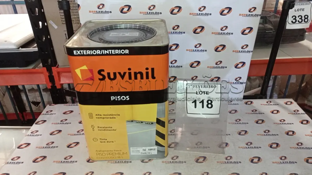 LOTE 118 - 01 LATA DE TINTA PARA PISOS EXTERIOR E INTERIOR COM 18L NA COR FOSCO CINZA ESCURO MARCA SUVINIL. (NO ESTADO) ATENÇÃO! FAZER A VISITAÇÃO ANTES DE ARREMATAR, NÃO SABEMOS SE FUNCIONA, LEILÃO NÃO TEM GARANTIA E NEM DEVOLUÇÃO, SUJEITO A POSSÍVEIS AVARIAS VISÍVEIS/OCULTAS E/OU AUSÊNCIA DE COMPONENTES.