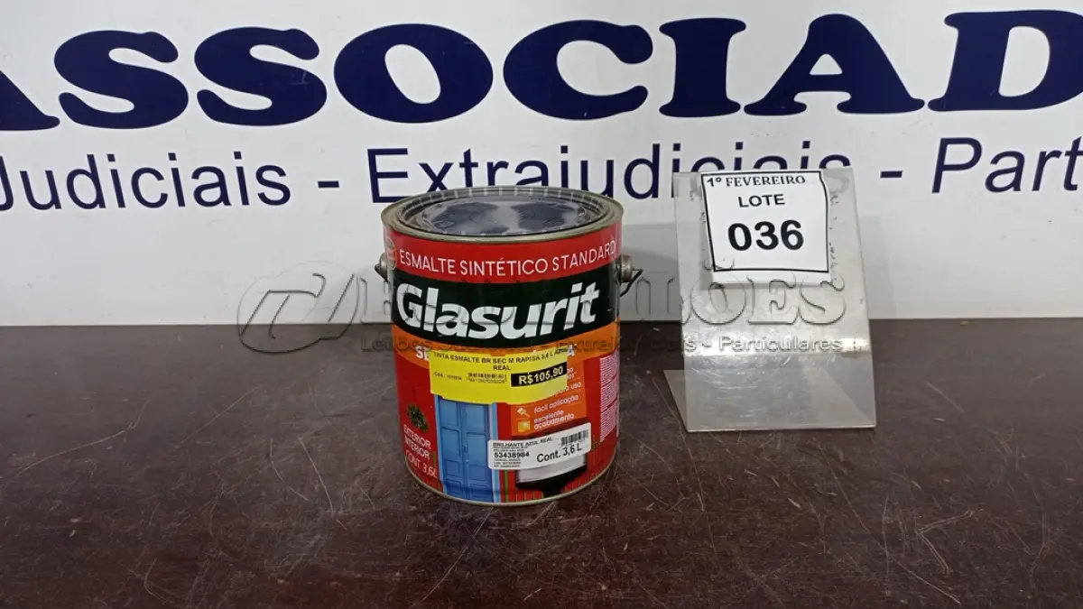LOTE 036 - 01 BALDE DE ESMALTE SINTÉTICO 3,6L NA COR BRILHANTE AZUL REAL MARCA GLASURIT. (NO ESTADO) ATENÇÃO! FAZER A VISITAÇÃO ANTES DE ARREMATAR, NÃO SABEMOS SE FUNCIONA, LEILÃO NÃO TEM GARANTIA E NEM DEVOLUÇÃO, SUJEITO A POSSÍVEIS AVARIAS VISÍVEIS/OCULTAS E/OU AUSÊNCIA DE COMPONENTES.