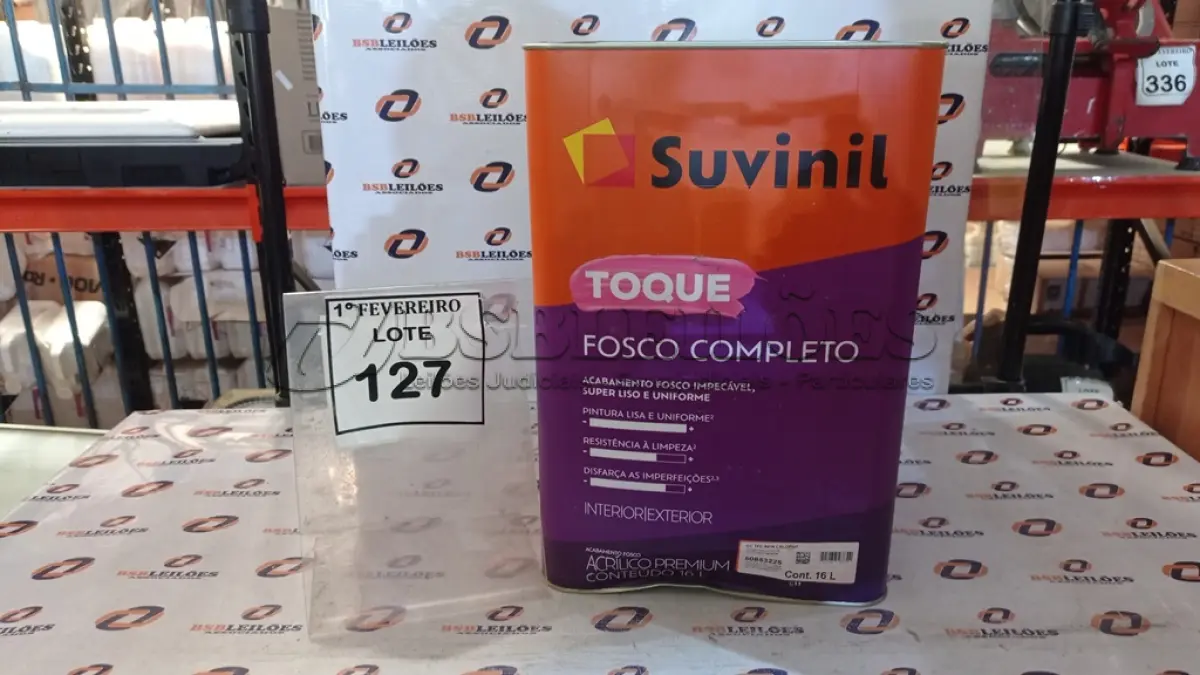 LOTE 127 - 01 LATA DE TINTA ACRÍLICA PREMIUM ACABAMENTO FOSCO 16L NA COR A014 CALOPSITA MARCA SUVINIL. (NO ESTADO) ATENÇÃO! FAZER A VISITAÇÃO ANTES DE ARREMATAR, NÃO SABEMOS SE FUNCIONA, LEILÃO NÃO TEM GARANTIA E NEM DEVOLUÇÃO, SUJEITO A POSSÍVEIS AVARIAS VISÍVEIS/OCULTAS E/OU AUSÊNCIA DE COMPONENTES.