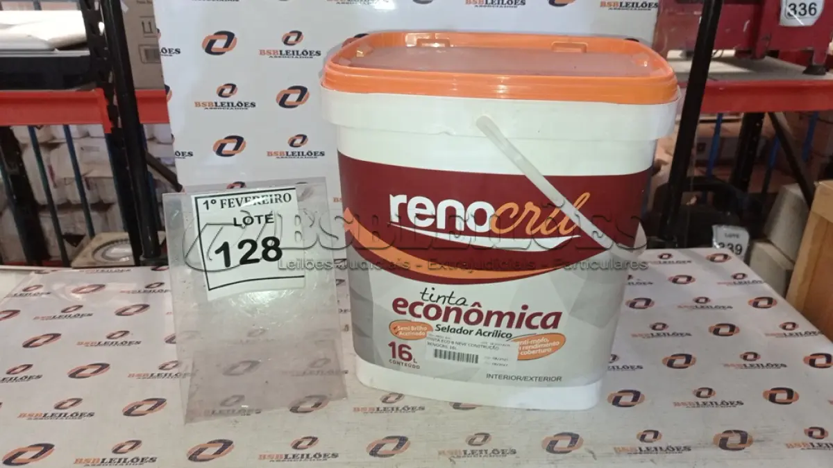 LOTE 128 - 01 BALDE DE TINTA ECONÔMICA 16L INTERIOR/EXTERIOR NA COR BRANCO NEVE MARCA RENOCRIL. (NO ESTADO) ATENÇÃO! FAZER A VISITAÇÃO ANTES DE ARREMATAR, NÃO SABEMOS SE FUNCIONA, LEILÃO NÃO TEM GARANTIA E NEM DEVOLUÇÃO, SUJEITO A POSSÍVEIS AVARIAS VISÍVEIS/OCULTAS E/OU AUSÊNCIA DE COMPONENTES.