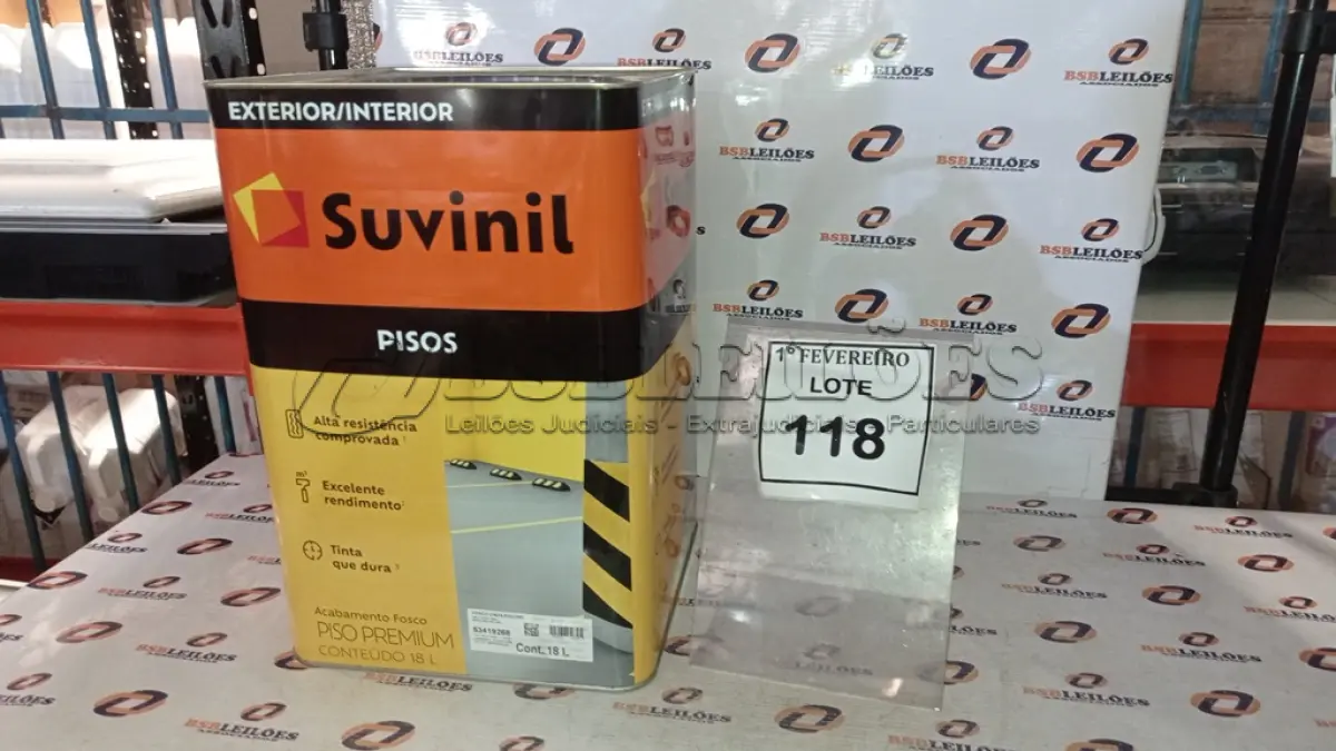 LOTE 118 - 01 LATA DE TINTA PARA PISOS EXTERIOR E INTERIOR COM 18L NA COR FOSCO CINZA ESCURO MARCA SUVINIL. (NO ESTADO) ATENÇÃO! FAZER A VISITAÇÃO ANTES DE ARREMATAR, NÃO SABEMOS SE FUNCIONA, LEILÃO NÃO TEM GARANTIA E NEM DEVOLUÇÃO, SUJEITO A POSSÍVEIS AVARIAS VISÍVEIS/OCULTAS E/OU AUSÊNCIA DE COMPONENTES.