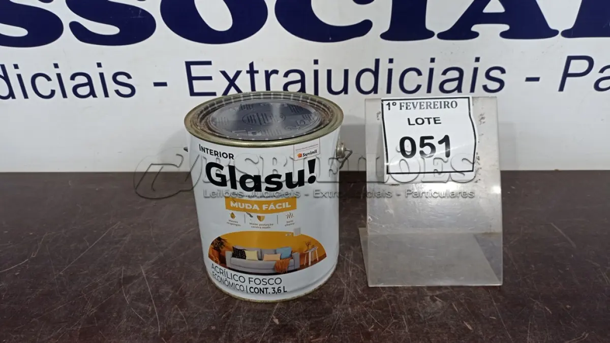 LOTE 051 - 01 LATA DE TINTA ACRÍLICA FOSCO CAMURÇA 3,6L INTERIOR/EXTERIOR MARCA GLASURIT. (NO ESTADO) ATENÇÃO! FAZER A VISITAÇÃO ANTES DE ARREMATAR, NÃO SABEMOS SE FUNCIONA, LEILÃO NÃO TEM GARANTIA E NEM DEVOLUÇÃO, SUJEITO A POSSÍVEIS AVARIAS VISÍVEIS/OCULTAS E/OU AUSÊNCIA DE COMPONENTES.