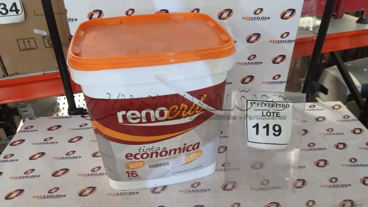LOTE 119 - 01 BALDE DE TINTA ECONÔMICA 16L INTERIOR/EXTERIOR NA COR BRANCO NEVE MARCA RENOCRIL. (NO ESTADO) ATENÇÃO! FAZER A VISITAÇÃO ANTES DE ARREMATAR, NÃO SABEMOS SE FUNCIONA, LEILÃO NÃO TEM GARANTIA E NEM DEVOLUÇÃO, SUJEITO A POSSÍVEIS AVARIAS VISÍVEIS/OCULTAS E/OU AUSÊNCIA DE COMPONENTES.