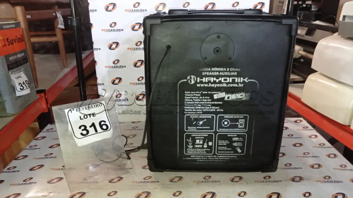 LOTE 316 - 01 CAIXA DE SOM AMPLIFICADA MODELO MULTIUSO NEO USB 200 MARCA HAYONIK. (NO ESTADO) ATENÇÃO! FAZER A VISITAÇÃO ANTES DE ARREMATAR, NÃO SABEMOS SE FUNCIONA, LEILÃO NÃO TEM GARANTIA E NEM DEVOLUÇÃO, SUJEITO A POSSÍVEIS AVARIAS VISÍVEIS/OCULTAS E/OU AUSÊNCIA DE COMPONENTES.