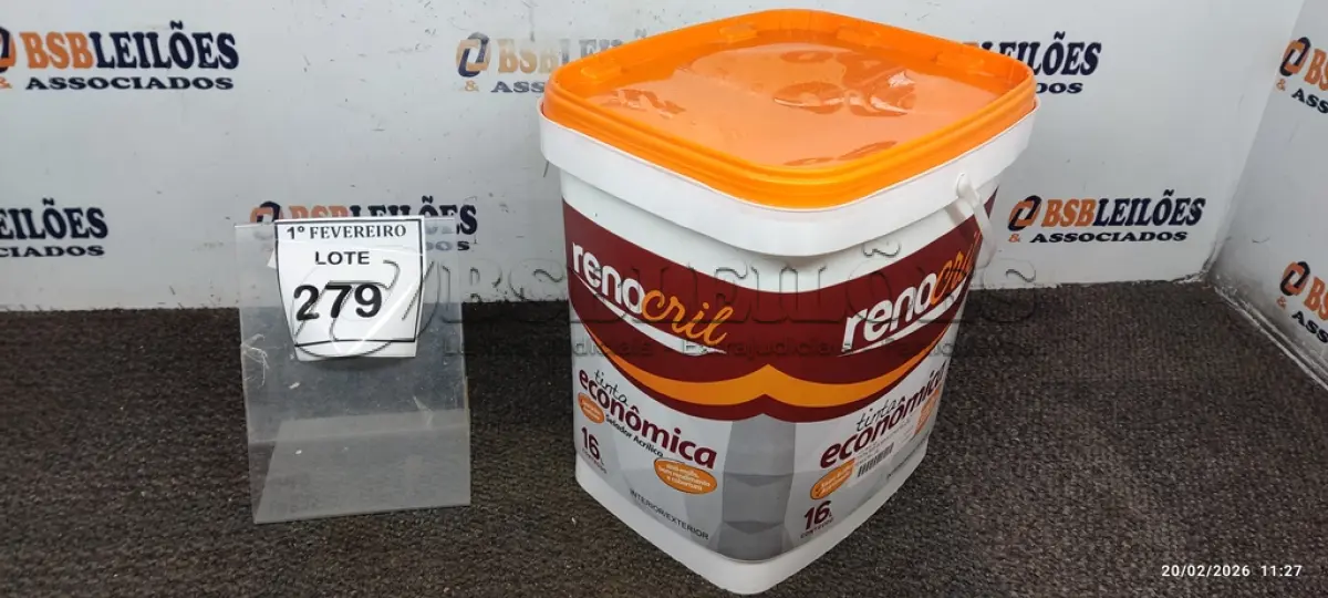 LOTE 279 - 01 BALDE DE TINTA ECONÔMICA 16L INTERIOR/EXTERIOR NA COR BRANCO NEVE MARCA RENOCRIL. (NO ESTADO) ATENÇÃO! FAZER A VISITAÇÃO ANTES DE ARREMATAR, NÃO SABEMOS SE FUNCIONA, LEILÃO NÃO TEM GARANTIA E NEM DEVOLUÇÃO, SUJEITO A POSSÍVEIS AVARIAS VISÍVEIS/OCULTAS E/OU AUSÊNCIA DE COMPONENTES.
