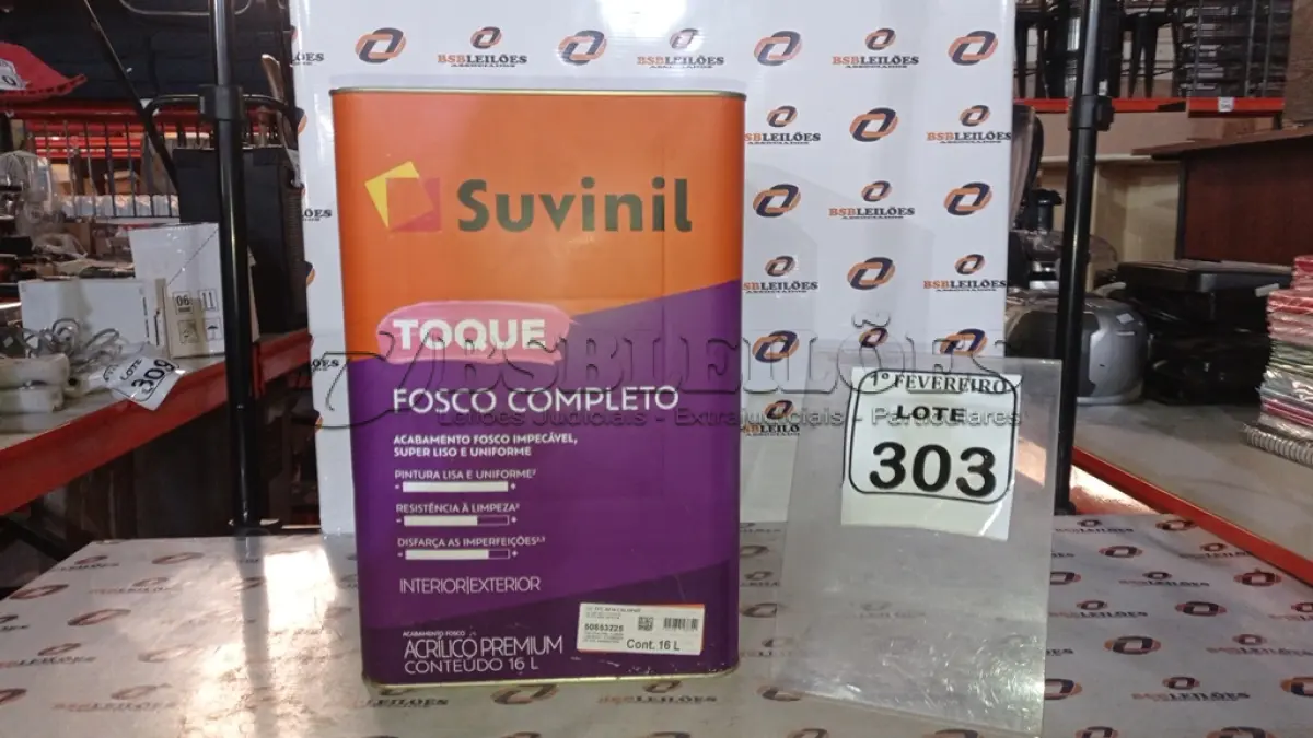 LOTE 303 - 01 LATA DE TINTA ACRÍLICA PREMIUM ACABAMENTO FOSCO 16L NA COR A014 CALOPSITA MARCA SUVINIL. (NO ESTADO) ATENÇÃO! FAZER A VISITAÇÃO ANTES DE ARREMATAR, NÃO SABEMOS SE FUNCIONA, LEILÃO NÃO TEM GARANTIA E NEM DEVOLUÇÃO, SUJEITO A POSSÍVEIS AVARIAS VISÍVEIS/OCULTAS E/OU AUSÊNCIA DE COMPONENTES.