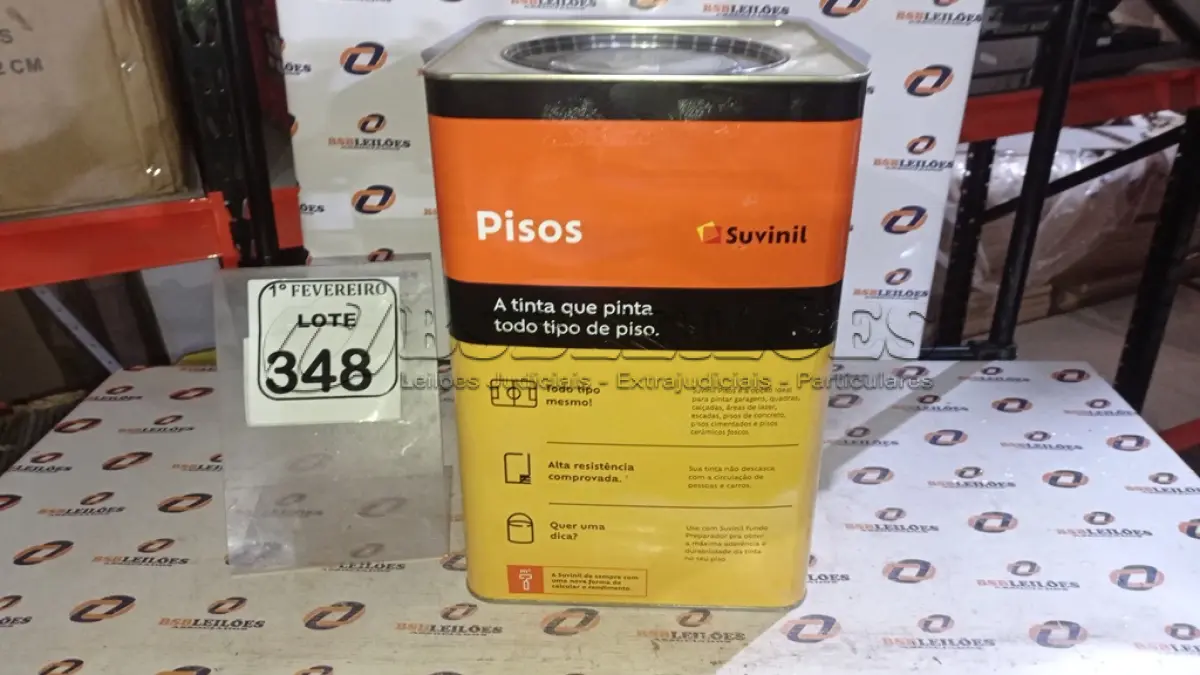 LOTE 348 - 01 LATA DE TINTA PARA PISOS EXTERIOR E INTERIOR COM 18L NA COR FOSCO CINZA ESCURO MARCA SUVINIL. (NO ESTADO) ATENÇÃO! FAZER A VISITAÇÃO ANTES DE ARREMATAR, NÃO SABEMOS SE FUNCIONA, LEILÃO NÃO TEM GARANTIA E NEM DEVOLUÇÃO, SUJEITO A POSSÍVEIS AVARIAS VISÍVEIS/OCULTAS E/OU AUSÊNCIA DE COMPONENTES.