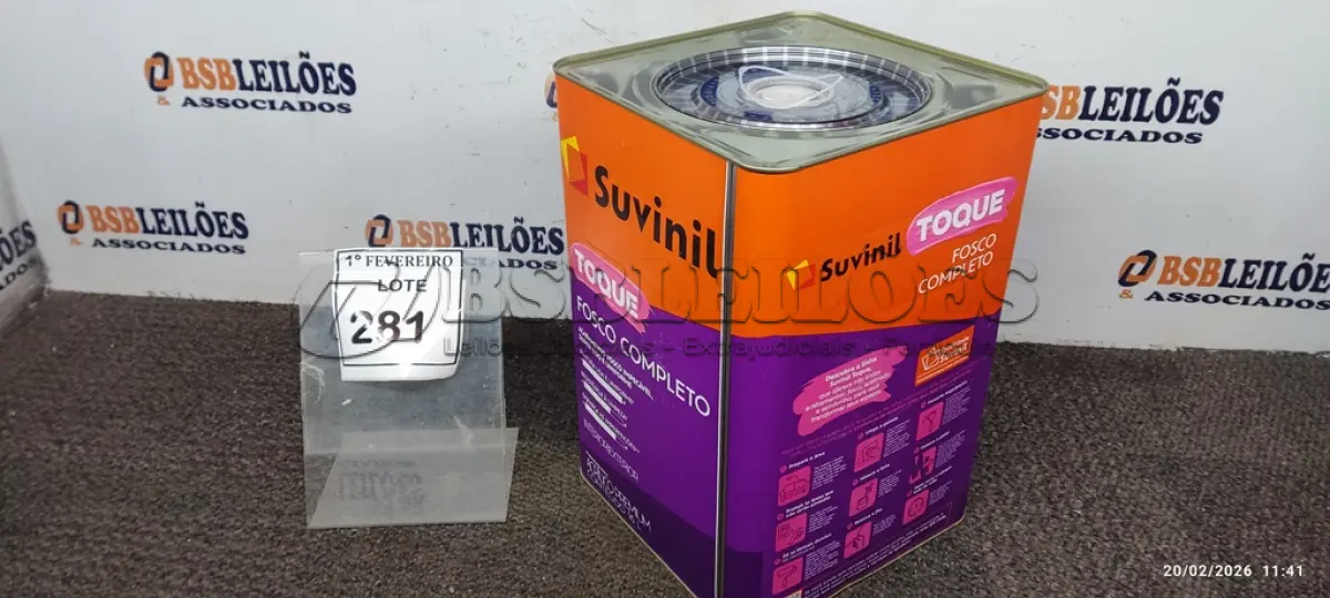 LOTE 281 - 01 LATA DE TINTA ACRÍLICA PREMIUM ACABAMENTO FOSCO 16L NA COR A014 CALOPSITA MARCA SUVINIL. (NO ESTADO) ATENÇÃO! FAZER A VISITAÇÃO ANTES DE ARREMATAR, NÃO SABEMOS SE FUNCIONA, LEILÃO NÃO TEM GARANTIA E NEM DEVOLUÇÃO, SUJEITO A POSSÍVEIS AVARIAS VISÍVEIS/OCULTAS E/OU AUSÊNCIA DE COMPONENTES.