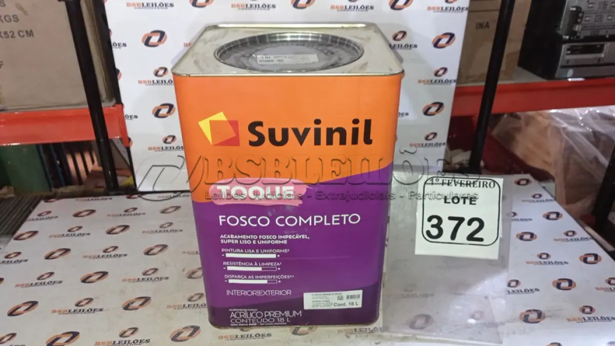 LOTE 372 - 01 LATA DE TINTA ACRÍLICA PREMIUM ACABAMENTO FOSCO 16L NA COR FOSCO BRANCO NEVE MARCA SUVINIL. (NO ESTADO) ATENÇÃO! FAZER A VISITAÇÃO ANTES DE ARREMATAR, NÃO SABEMOS SE FUNCIONA, LEILÃO NÃO TEM GARANTIA E NEM DEVOLUÇÃO, SUJEITO A POSSÍVEIS AVARIAS VISÍVEIS/OCULTAS E/OU AUSÊNCIA DE COMPONENTES.