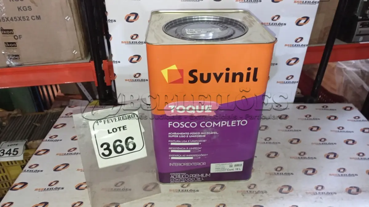 LOTE 366 - 01 LATA DE TINTA ACRÍLICA PREMIUM ACABAMENTO FOSCO 16L NA COR FOSCO BRANCO NEVE MARCA SUVINIL. (NO ESTADO) ATENÇÃO! FAZER A VISITAÇÃO ANTES DE ARREMATAR, NÃO SABEMOS SE FUNCIONA, LEILÃO NÃO TEM GARANTIA E NEM DEVOLUÇÃO, SUJEITO A POSSÍVEIS AVARIAS VISÍVEIS/OCULTAS E/OU AUSÊNCIA DE COMPONENTES.