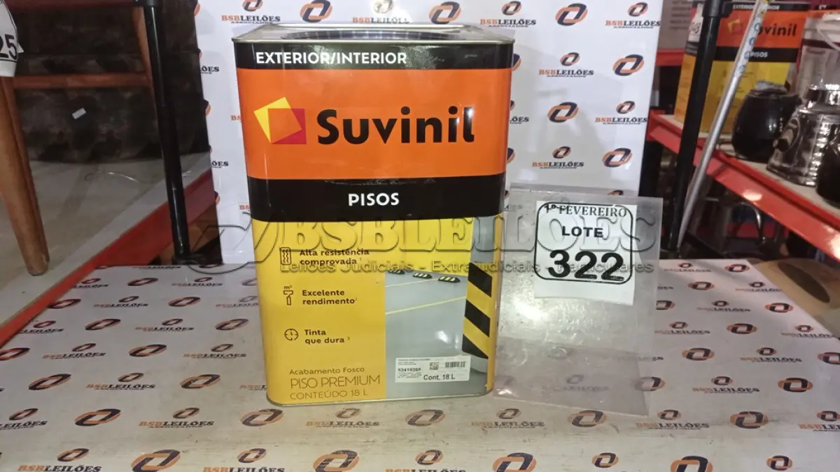 LOTE 322 - 01 LATA DE TINTA PARA PISOS EXTERIOR E INTERIOR COM 18L NA COR FOSCO CINZA ESCURO MARCA SUVINIL. (NO ESTADO) ATENÇÃO! FAZER A VISITAÇÃO ANTES DE ARREMATAR, NÃO SABEMOS SE FUNCIONA, LEILÃO NÃO TEM GARANTIA E NEM DEVOLUÇÃO, SUJEITO A POSSÍVEIS AVARIAS VISÍVEIS/OCULTAS E/OU AUSÊNCIA DE COMPONENTES.