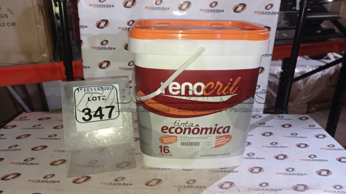 LOTE 347 - 01 BALDE DE TINTA ECONÔMICA 16L INTERIOR/EXTERIOR NA COR BRANCO NEVE MARCA RENOCRIL. (NO ESTADO) ATENÇÃO! FAZER A VISITAÇÃO ANTES DE ARREMATAR, NÃO SABEMOS SE FUNCIONA, LEILÃO NÃO TEM GARANTIA E NEM DEVOLUÇÃO, SUJEITO A POSSÍVEIS AVARIAS VISÍVEIS/OCULTAS E/OU AUSÊNCIA DE COMPONENTES.