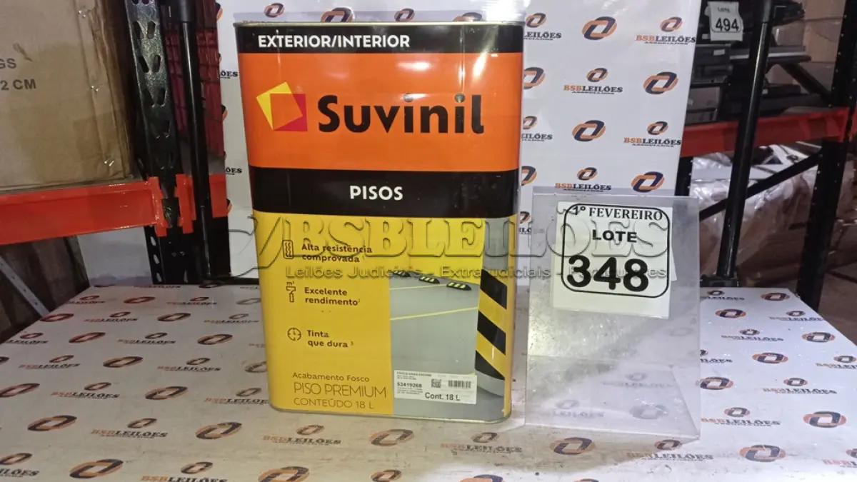 LOTE 348 - 01 LATA DE TINTA PARA PISOS EXTERIOR E INTERIOR COM 18L NA COR FOSCO CINZA ESCURO MARCA SUVINIL. (NO ESTADO) ATENÇÃO! FAZER A VISITAÇÃO ANTES DE ARREMATAR, NÃO SABEMOS SE FUNCIONA, LEILÃO NÃO TEM GARANTIA E NEM DEVOLUÇÃO, SUJEITO A POSSÍVEIS AVARIAS VISÍVEIS/OCULTAS E/OU AUSÊNCIA DE COMPONENTES.