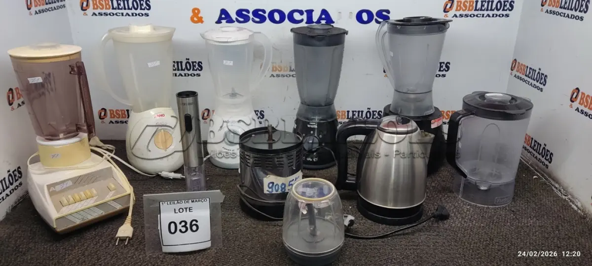 LOTE 036 - 01 CHALEIRA ELÉTRICA 220V, 01 BASE DE LIQUIDIFICADOR INDUSTRIAL, 01 TRITURADOR DE ALIMENTOS E 05 LIQUIDIFICADORES DE MARCAS E MODELOS DIVERSOS. (NO ESTADO) ATENÇÃO! FAZER A VISITAÇÃO ANTES DE ARREMATAR, NÃO SABEMOS SE FUNCIONA, LEILÃO NÃO TEM GARANTIA E NEM DEVOLUÇÃO, SUJEITO A POSSÍVEIS AVARIAS VISÍVEIS/OCULTAS E/OU AUSÊNCIA DE COMPONENTES.