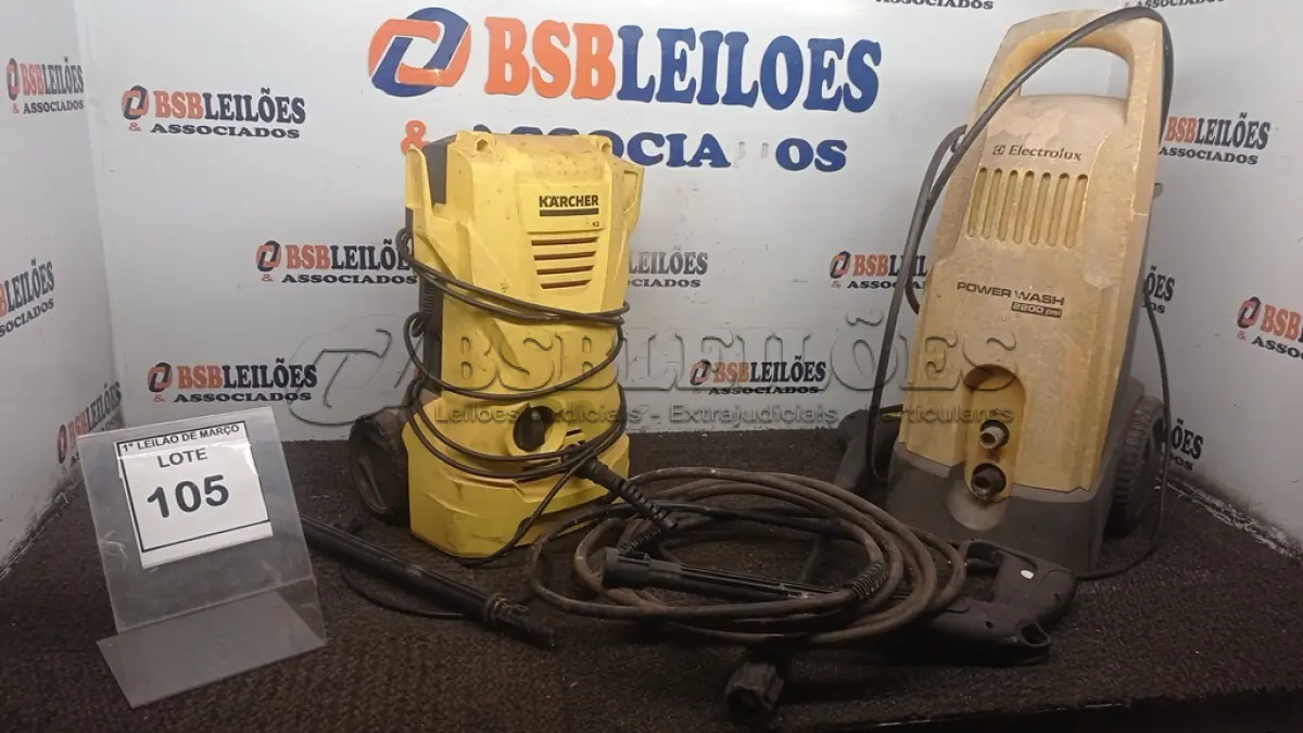 LOTE 105 - 02 LAVADORAS DE ALTA PRESSÃO 220V MARCAS KAECHER E ELECTROLUX COM AVARIAS. (NO ESTADO) ATENÇÃO! FAZER A VISITAÇÃO ANTES DE ARREMATAR, NÃO SABEMOS SE FUNCIONA, LEILÃO NÃO TEM GARANTIA E NEM DEVOLUÇÃO, SUJEITO A POSSÍVEIS AVARIAS VISÍVEIS/OCULTAS E/OU AUSÊNCIA DE COMPONENTES.