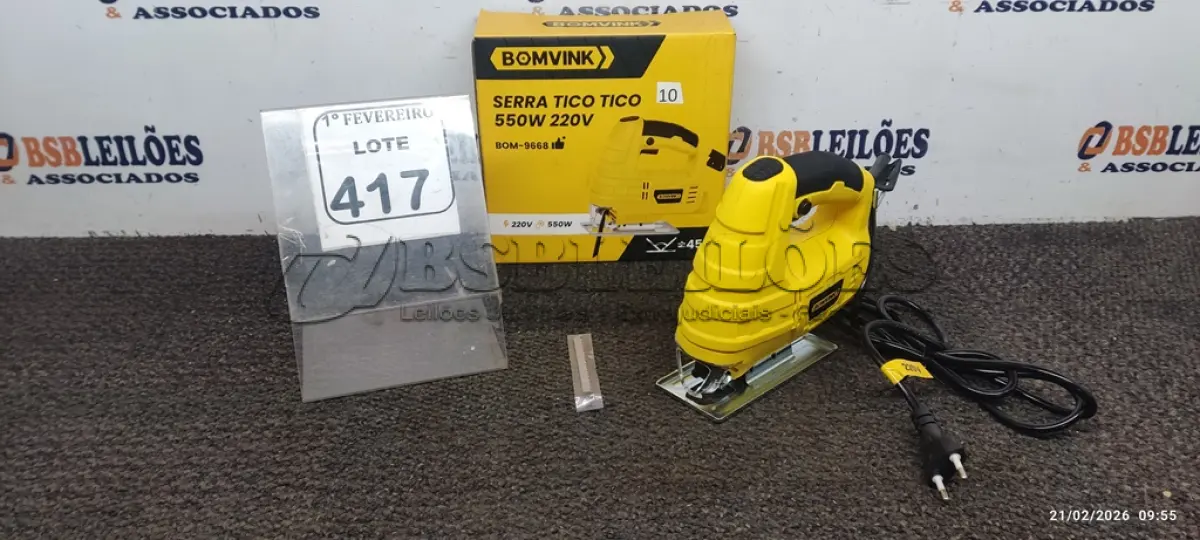 LOTE 417 - 01 SERRA TICO TICO 550W 220 (PRODUTO NOVO). (NO ESTADO) ATENÇÃO! FAZER A VISITAÇÃO ANTES DE ARREMATAR, NÃO SABEMOS SE FUNCIONA, LEILÃO NÃO TEM GARANTIA E NEM DEVOLUÇÃO, SUJEITO A POSSÍVEIS AVARIAS VISÍVEIS/OCULTAS E/OU AUSÊNCIA DE COMPONENTES.
