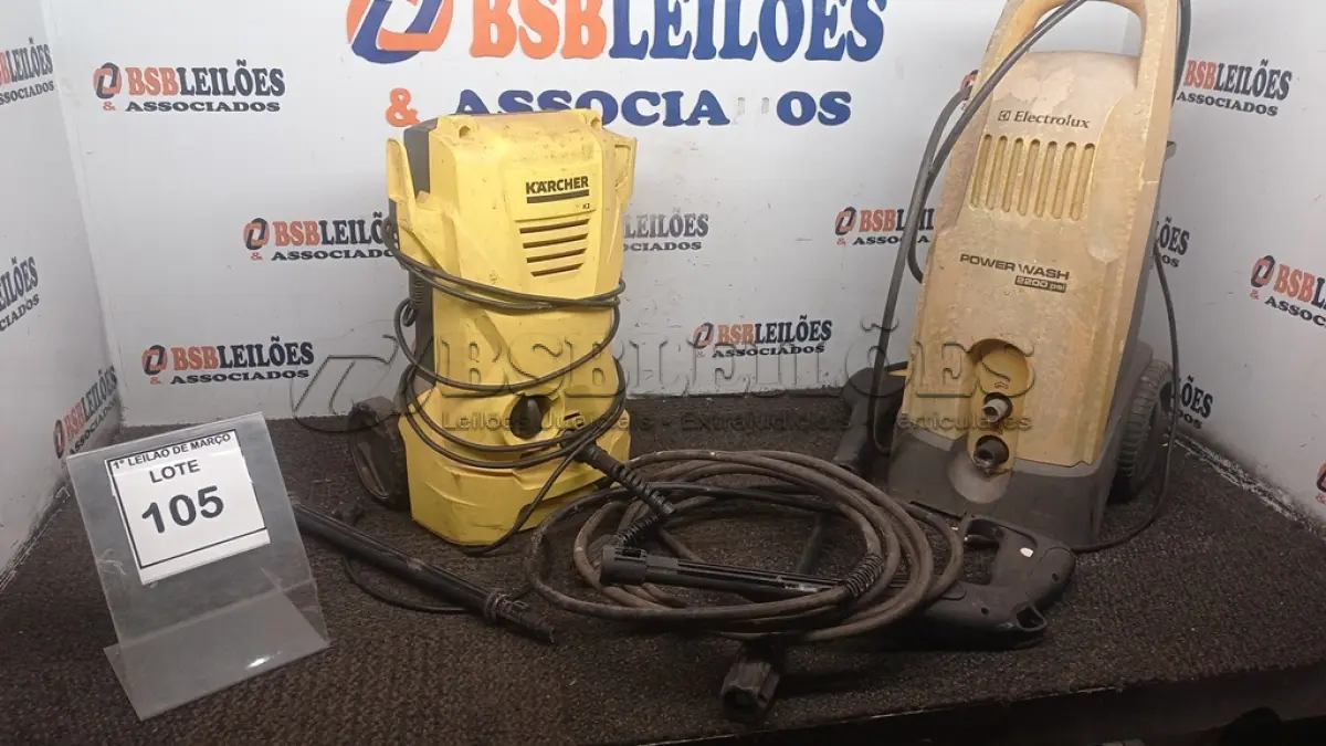 LOTE 105 - 02 LAVADORAS DE ALTA PRESSÃO 220V MARCAS KAECHER E ELECTROLUX COM AVARIAS. (NO ESTADO) ATENÇÃO! FAZER A VISITAÇÃO ANTES DE ARREMATAR, NÃO SABEMOS SE FUNCIONA, LEILÃO NÃO TEM GARANTIA E NEM DEVOLUÇÃO, SUJEITO A POSSÍVEIS AVARIAS VISÍVEIS/OCULTAS E/OU AUSÊNCIA DE COMPONENTES.