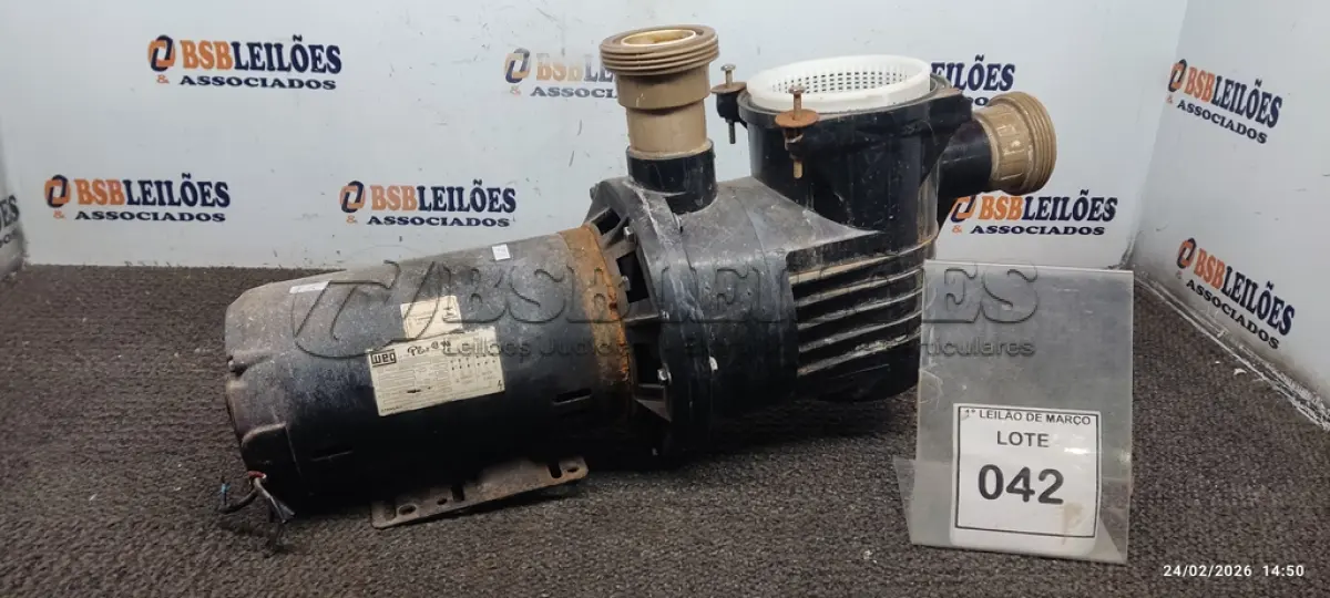LOTE 042 - 01 BOMBA COM PRÉ-FILTRO PARA PISCINA. (NO ESTADO) ATENÇÃO! FAZER A VISITAÇÃO ANTES DE ARREMATAR, NÃO SABEMOS SE FUNCIONA, LEILÃO NÃO TEM GARANTIA E NEM DEVOLUÇÃO, SUJEITO A POSSÍVEIS AVARIAS VISÍVEIS/OCULTAS E/OU AUSÊNCIA DE COMPONENTES.