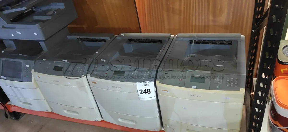 LOTE 248 - 04 IMPRESSORAS MODELOS DIVERSO MARCA LEXMARK. (NO ESTADO) ATENÇÃO! FAZER A VISITAÇÃO ANTES DE ARREMATAR, NÃO SABEMOS SE FUNCIONA, LEILÃO NÃO TEM GARANTIA E NEM DEVOLUÇÃO, SUJEITO A POSSÍVEIS AVARIAS VISÍVEIS/OCULTAS E/OU AUSÊNCIA DE COMPONENTES.
