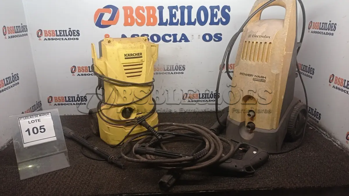 LOTE 105 - 02 LAVADORAS DE ALTA PRESSÃO 220V MARCAS KAECHER E ELECTROLUX COM AVARIAS. (NO ESTADO) ATENÇÃO! FAZER A VISITAÇÃO ANTES DE ARREMATAR, NÃO SABEMOS SE FUNCIONA, LEILÃO NÃO TEM GARANTIA E NEM DEVOLUÇÃO, SUJEITO A POSSÍVEIS AVARIAS VISÍVEIS/OCULTAS E/OU AUSÊNCIA DE COMPONENTES.