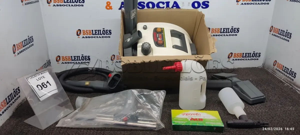 LOTE 061 - 01 LIMPADOR A VAPOR MARCA VAPORETTO. (NO ESTADO) ATENÇÃO! FAZER A VISITAÇÃO ANTES DE ARREMATAR, NÃO SABEMOS SE FUNCIONA, LEILÃO NÃO TEM GARANTIA E NEM DEVOLUÇÃO, SUJEITO A POSSÍVEIS AVARIAS VISÍVEIS/OCULTAS E/OU AUSÊNCIA DE COMPONENTES.