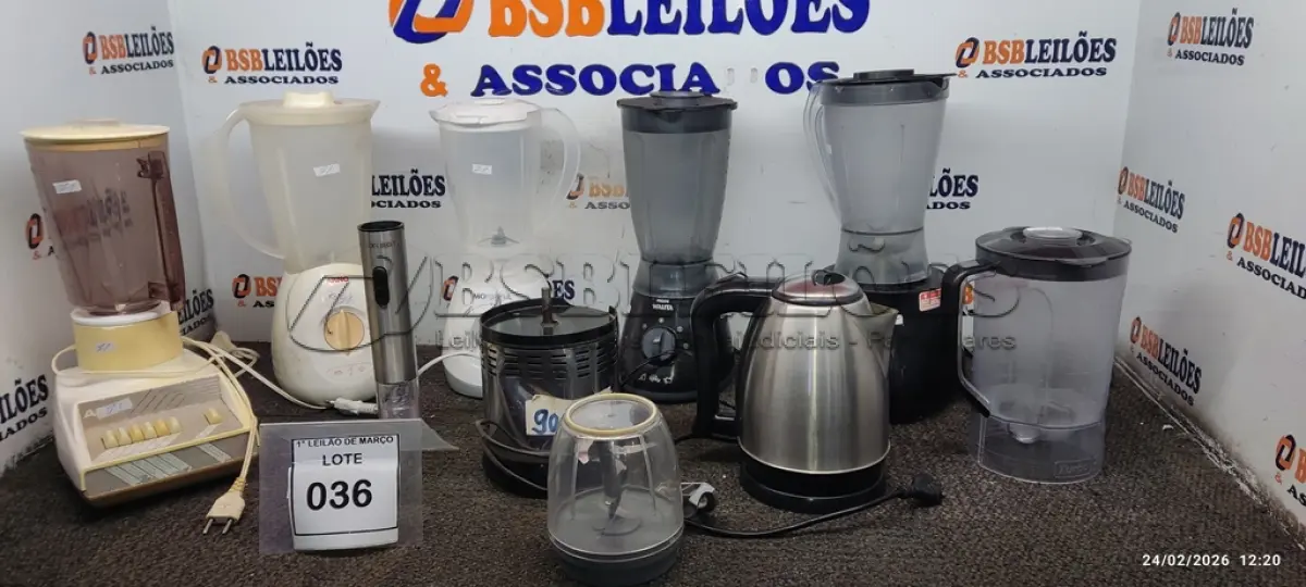 LOTE 036 - 01 CHALEIRA ELÉTRICA 220V, 01 BASE DE LIQUIDIFICADOR INDUSTRIAL, 01 TRITURADOR DE ALIMENTOS E 05 LIQUIDIFICADORES DE MARCAS E MODELOS DIVERSOS. (NO ESTADO) ATENÇÃO! FAZER A VISITAÇÃO ANTES DE ARREMATAR, NÃO SABEMOS SE FUNCIONA, LEILÃO NÃO TEM GARANTIA E NEM DEVOLUÇÃO, SUJEITO A POSSÍVEIS AVARIAS VISÍVEIS/OCULTAS E/OU AUSÊNCIA DE COMPONENTES.