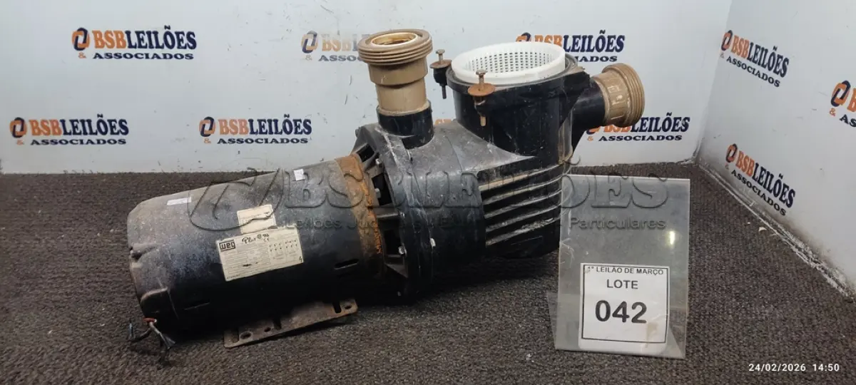 LOTE 042 - 01 BOMBA COM PRÉ-FILTRO PARA PISCINA. (NO ESTADO) ATENÇÃO! FAZER A VISITAÇÃO ANTES DE ARREMATAR, NÃO SABEMOS SE FUNCIONA, LEILÃO NÃO TEM GARANTIA E NEM DEVOLUÇÃO, SUJEITO A POSSÍVEIS AVARIAS VISÍVEIS/OCULTAS E/OU AUSÊNCIA DE COMPONENTES.