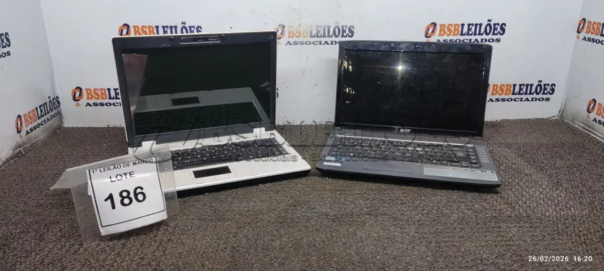 LOTE 186 - 02 NOTEBOOKS MARCAS ACER E NOVADATA. (NO ESTADO) ATENÇÃO! FAZER A VISITAÇÃO ANTES DE ARREMATAR, NÃO SABEMOS SE FUNCIONA, LEILÃO NÃO TEM GARANTIA E NEM DEVOLUÇÃO, SUJEITO A POSSÍVEIS AVARIAS VISÍVEIS/OCULTAS E/OU AUSÊNCIA DE COMPONENTES.