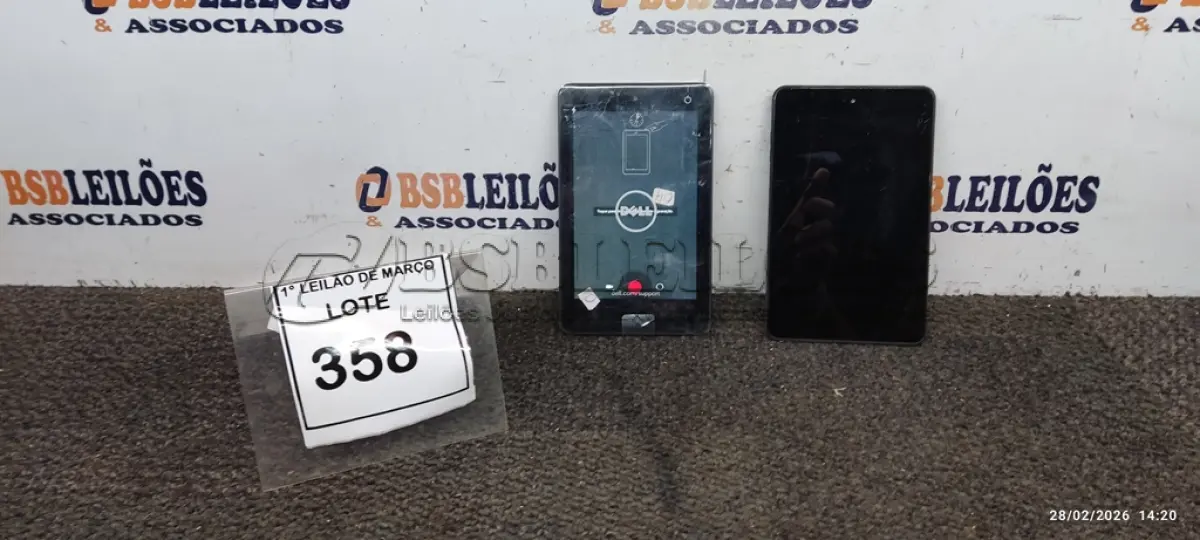 LOTE 358 - 02 TABLETS MARCA DELL SEM CARREGADOR. (NO ESTADO) ATENÇÃO! FAZER A VISITAÇÃO ANTES DE ARREMATAR, NÃO SABEMOS SE FUNCIONA, LEILÃO NÃO TEM GARANTIA E NEM DEVOLUÇÃO, SUJEITO A POSSÍVEIS AVARIAS VISÍVEIS/OCULTAS E/OU AUSÊNCIA DE COMPONENTES.