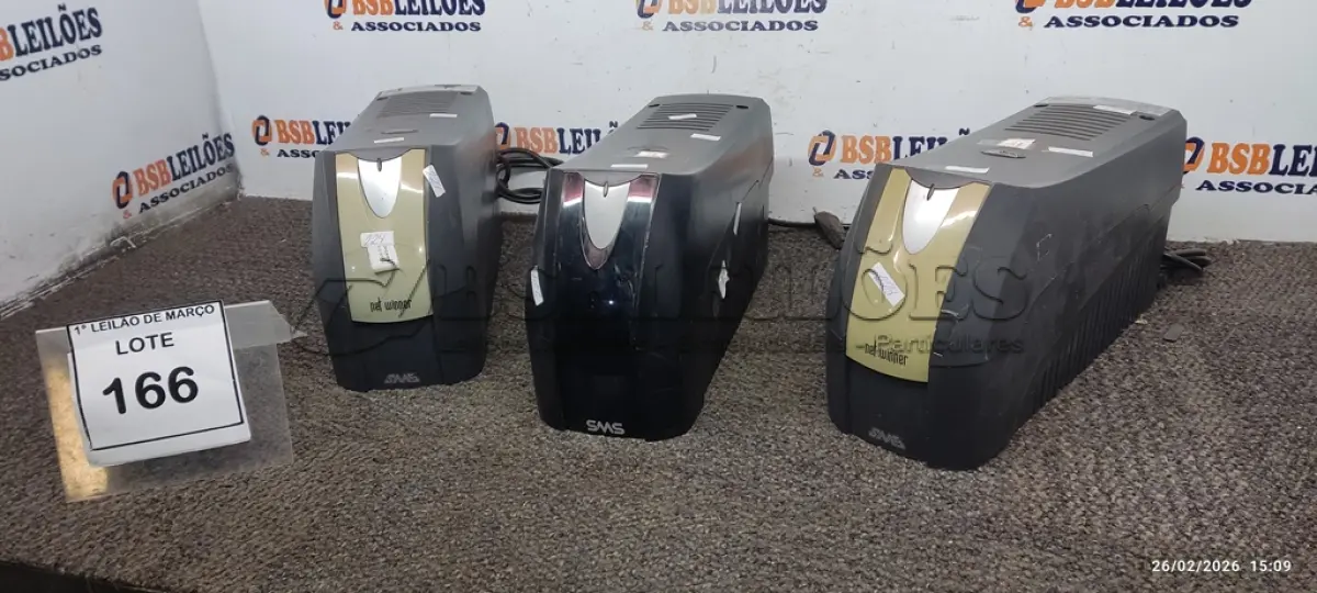 LOTE 166 - 03 NOBREAKS DE 1.300VA MARCA SMS. (NO ESTADO) ATENÇÃO! FAZER A VISITAÇÃO ANTES DE ARREMATAR, NÃO SABEMOS SE FUNCIONA, LEILÃO NÃO TEM GARANTIA E NEM DEVOLUÇÃO, SUJEITO A POSSÍVEIS AVARIAS VISÍVEIS/OCULTAS E/OU AUSÊNCIA DE COMPONENTES.