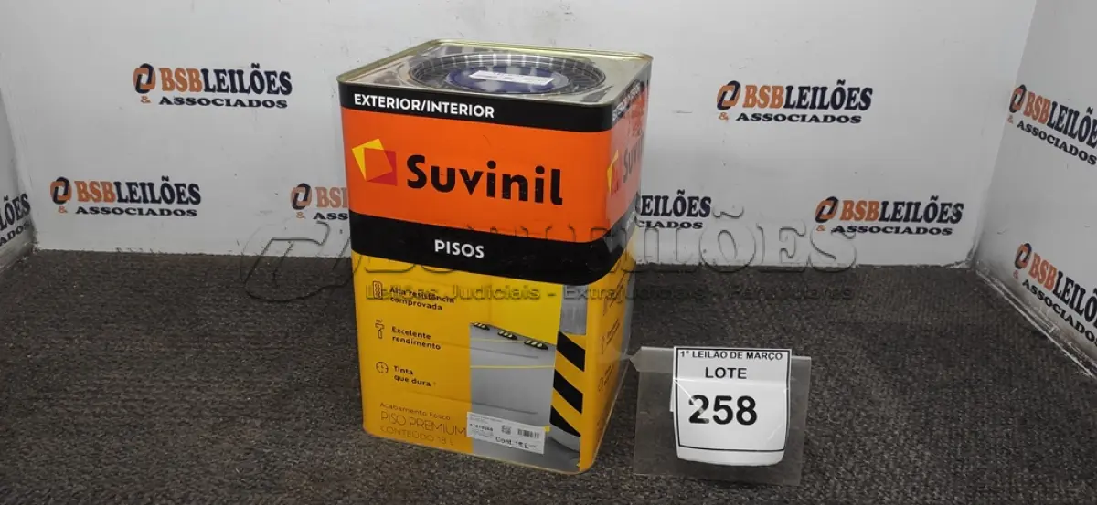 LOTE 258 - 01 LATA DE TINTA PISOS EXTERIOR/INTERIOR 18L NA COR FOSCO CINZA ESCURO MARCA SUVINIL. (NO ESTADO) ATENÇÃO! FAZER A VISITAÇÃO ANTES DE ARREMATAR, NÃO SABEMOS SE FUNCIONA, LEILÃO NÃO TEM GARANTIA E NEM DEVOLUÇÃO, SUJEITO A POSSÍVEIS AVARIAS VISÍVEIS/OCULTAS E/OU AUSÊNCIA DE COMPONENTES.