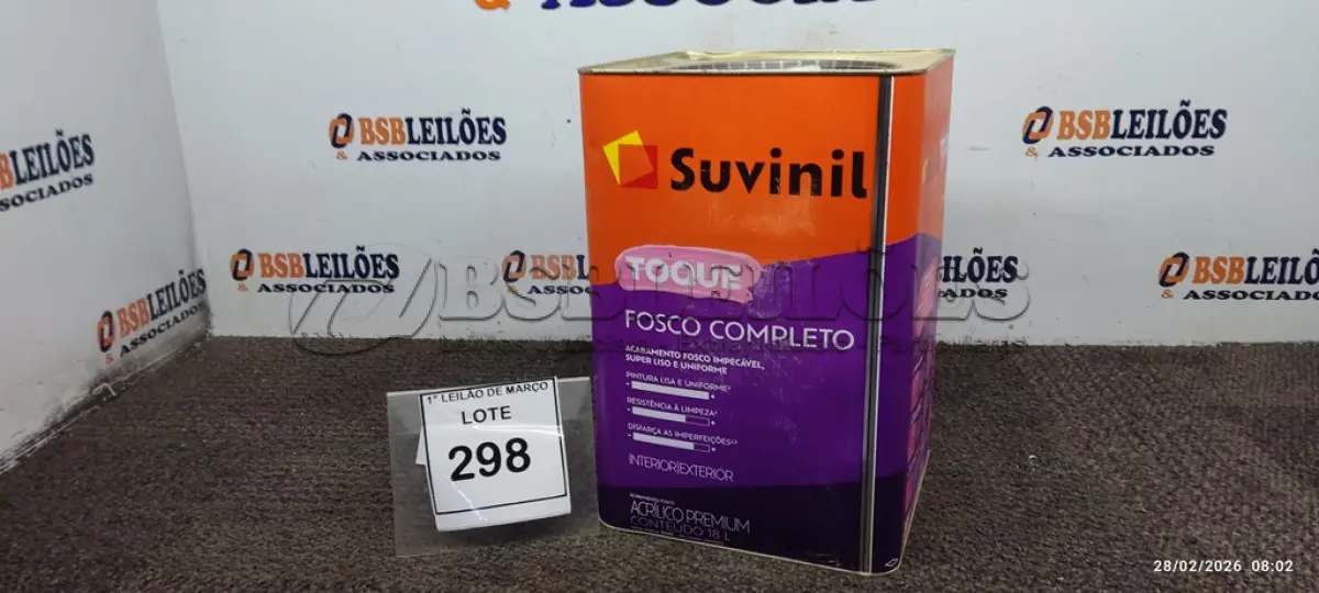 LOTE 298 - 01 BALDE DE TINTA ACRÍLICA DE 18L ACABAMENTO FOSCO BRANCO NEVE MARCA SUVINIL. (NO ESTADO) ATENÇÃO! FAZER A VISITAÇÃO ANTES DE ARREMATAR, NÃO SABEMOS SE FUNCIONA. LEILÃO NÃO TEM GARANTIA E NEM DEVOLUÇÃO, SUJEITO A POSSÍVEIS AVARIAS VISÍVEIS/OCULTAS E/OU AUSÊNCIA DE COMPONENTES.