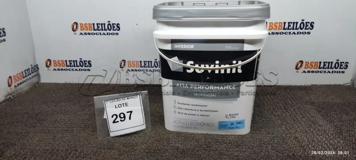 LOTE 297 - 01 BALDE DE TINTA ACRÍLICA INTERIOR DE 18L NA COR FOSCO BRANCO MARCA SUVINIL. (NO ESTADO) ATENÇÃO! FAZER A VISITAÇÃO ANTES DE ARREMATAR, NÃO SABEMOS SE FUNCIONA. LEILÃO NÃO TEM GARANTIA E NEM DEVOLUÇÃO, SUJEITO A POSSÍVEIS AVARIAS VISÍVEIS/OCULTAS E/OU AUSÊNCIA DE COMPONENTES.