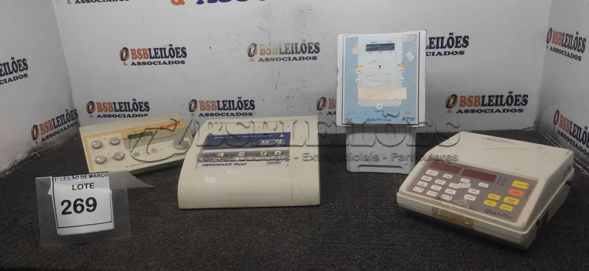 LOTE 269 - 04 APARELHOS DE TERAPIA ESTÉTICA DE MARCAS E MODELOS DIVERSOS. (NO ESTADO) ATENÇÃO! FAZER A VISITAÇÃO ANTES DE ARREMATAR, NÃO SABEMOS SE FUNCIONA, LEILÃO NÃO TEM GARANTIA E NEM DEVOLUÇÃO, SUJEITO A POSSÍVEIS AVARIAS VISÍVEIS/OCULTAS E/OU AUSÊNCIA DE COMPONENTES.