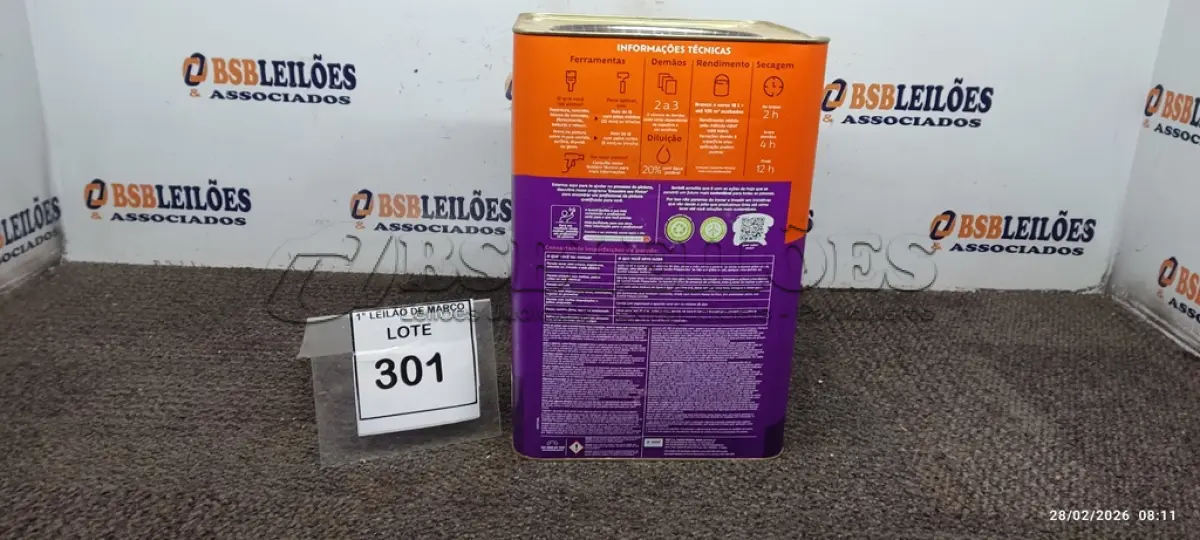 LOTE 301 - 01 BALDE DE TINTA ACRÍLICA DE 18L ACABAMENTO FOSCO BRANCO NEVE MARCA SUVINIL. (NO ESTADO) ATENÇÃO! FAZER A VISITAÇÃO ANTES DE ARREMATAR, NÃO SABEMOS SE FUNCIONA. LEILÃO NÃO TEM GARANTIA E NEM DEVOLUÇÃO, SUJEITO A POSSÍVEIS AVARIAS VISÍVEIS/OCULTAS E/OU AUSÊNCIA DE COMPONENTES.