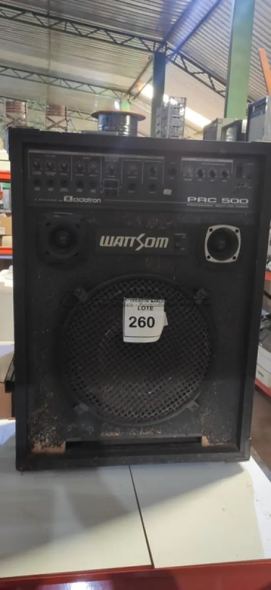 LOTE 260 - 01 CAIXA DE SOM AMPLIFICADA MARCA CICLOTRON. (NO ESTADO) ATENÇÃO! FAZER A VISITAÇÃO ANTES DE ARREMATAR, NÃO SABEMOS SE FUNCIONA, LEILÃO NÃO TEM GARANTIA E NEM DEVOLUÇÃO, SUJEITO A POSSÍVEIS AVARIAS VISÍVEIS/OCULTAS E/OU AUSÊNCIA DE COMPONENTES.